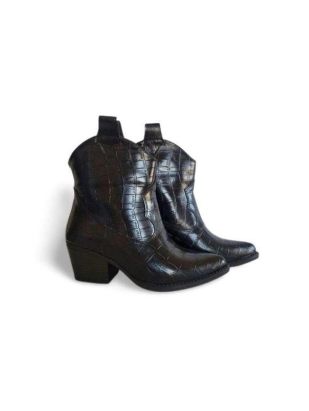 Womens Mid-Calf Boots Black Western Almond Toe Block Low Heel Booties, Black